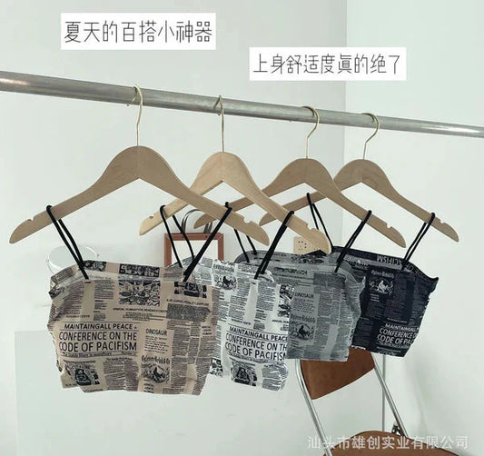 Trendy Newspaper Print Seamless Ice Silk Back Wrap Bra with Padded Comfort