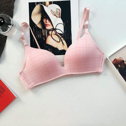 New Plaid Light Bra Push-Up Without Steel Ring One-Piece Bra Thin Section Seamless Lingerie