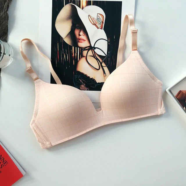 New Plaid Light Bra Push-Up Without Steel Ring One-Piece Bra Thin Section Seamless Lingerie