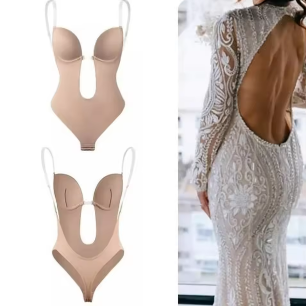 Women’s Backless Shapewear Bodysuit – XL Deep V Neck U Shaper with Padded Push-Up Corset & Sheer Straps