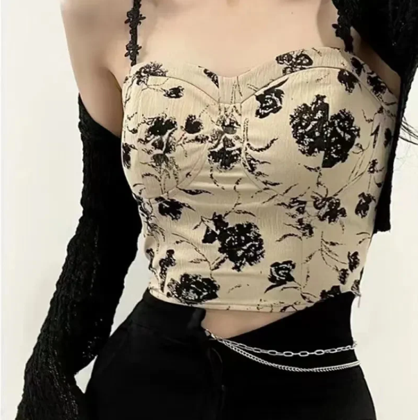 Floral Corset Bustier Crop Top - Off Shoulder Slim Fit Strappy Tank