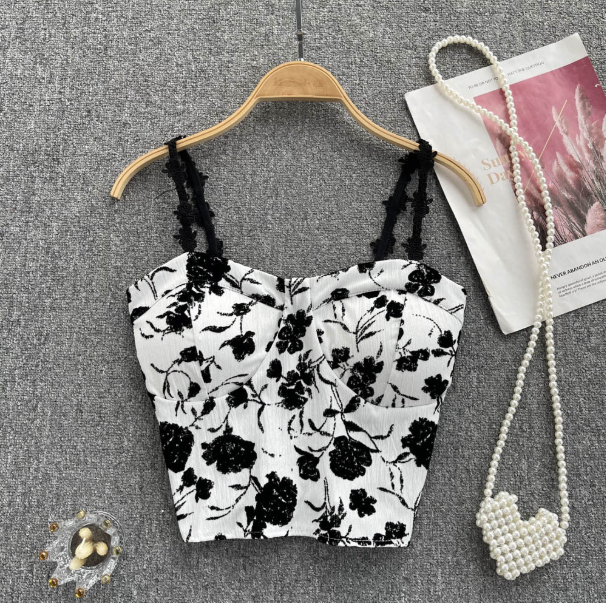 Floral Corset Bustier Crop Top - Off Shoulder Slim Fit Strappy Tank