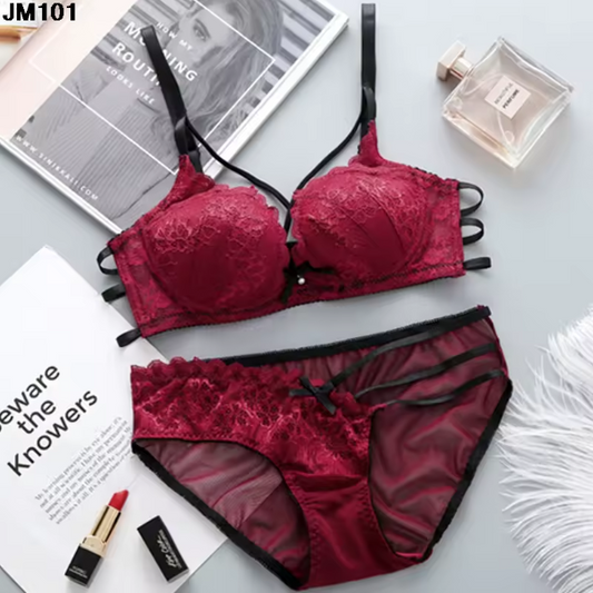 Push-Up Padded Lace Bra & Panty Set - Seamless Back Closure Lingerie Set