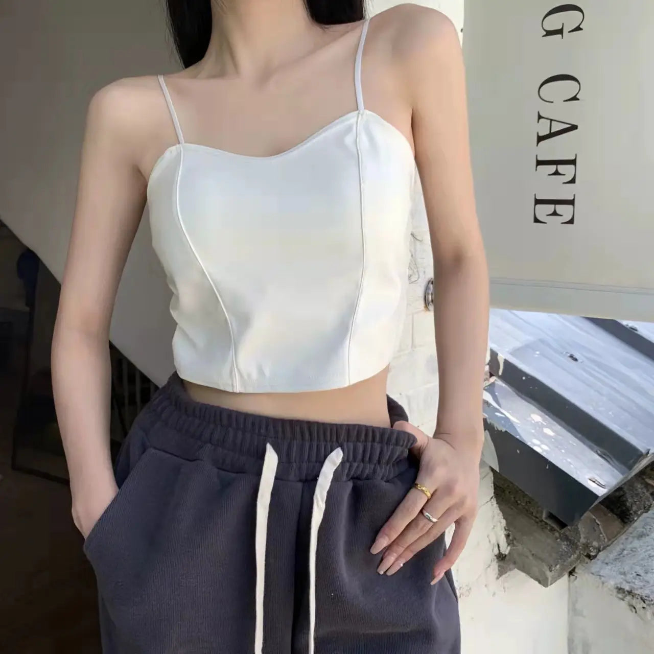 Women’s PU Leather Strap Camisole - Smocked Bottom Slim Fit Crop Top