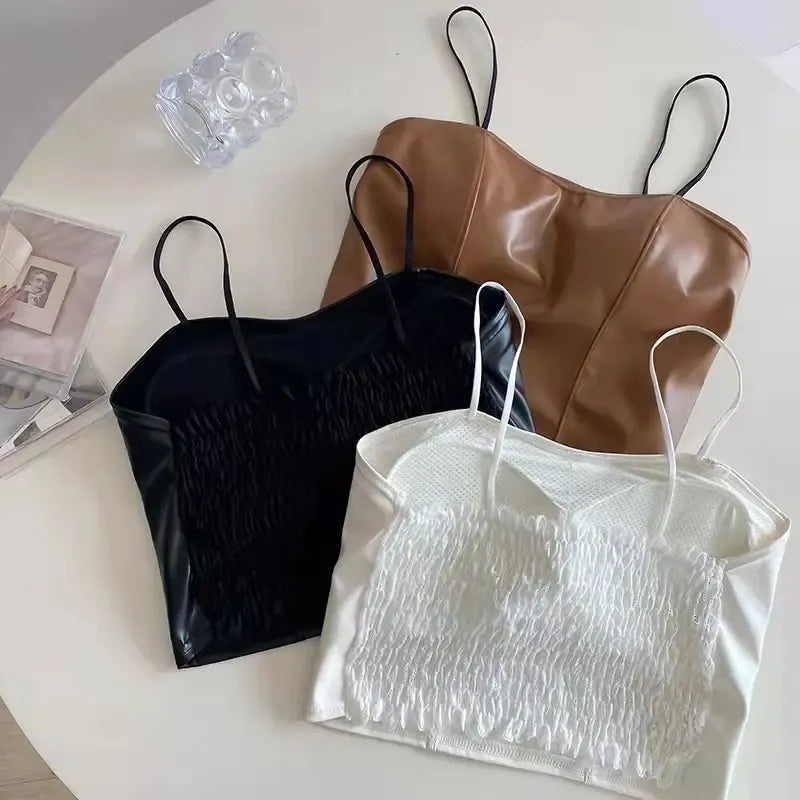 Women’s PU Leather Strap Camisole - Smocked Bottom Slim Fit Crop Top