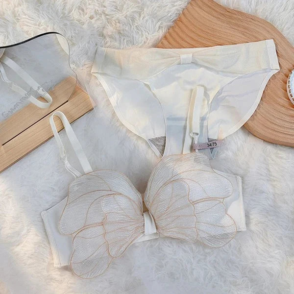 Bow Embroidered Half Cup Lingerie Set – Mesh Gauze Bra and Panty