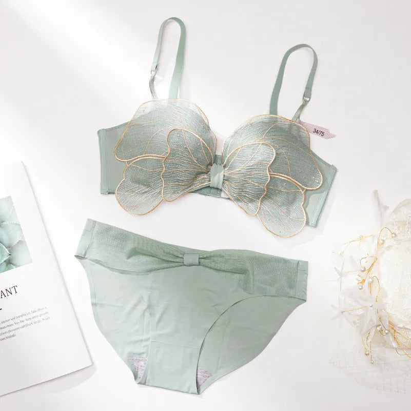 Bow Embroidered Half Cup Lingerie Set – Mesh Gauze Bra and Panty